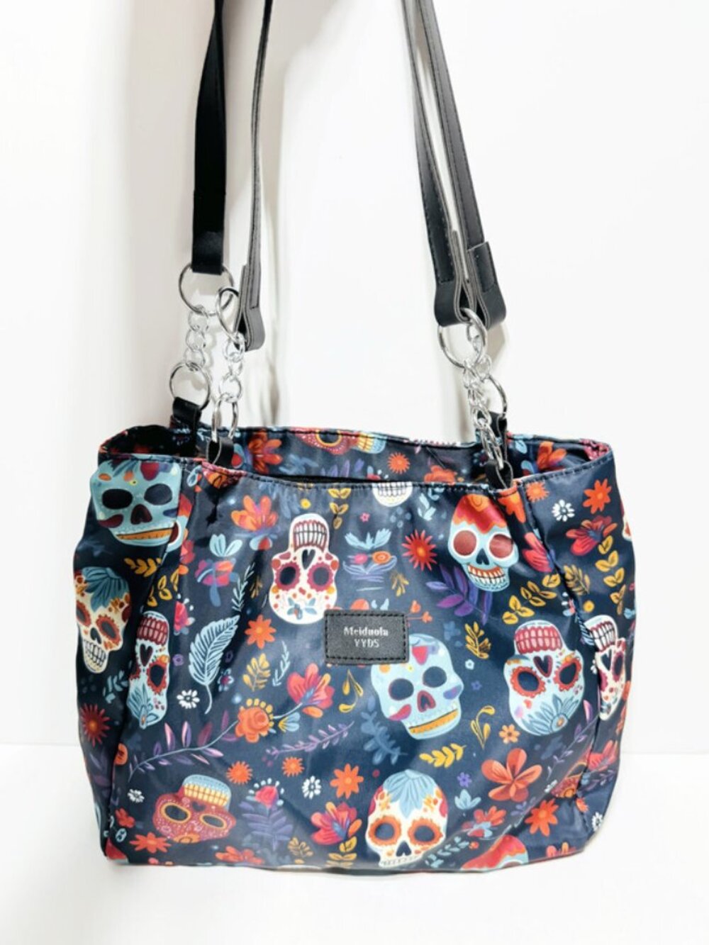 Meiduola YYDS Shoulder Tote Bag, Colorful Sugar Skull / Floral Print on Blue